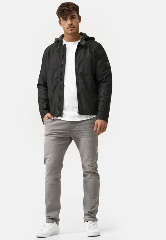Indicode Men's Miguel Angel jacket made of imitation leather with a stand-up collar and detachable sweat hood