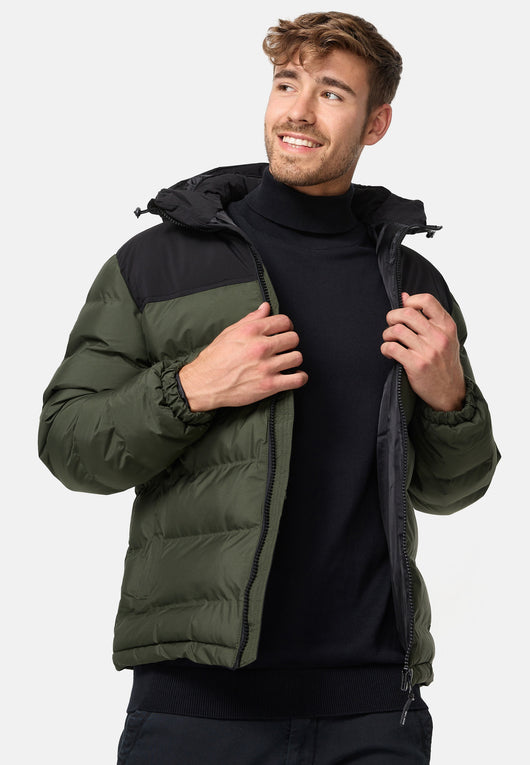 Indicode men's Eberhardy quilted jacket in down jacket look with hood and stand-up collar